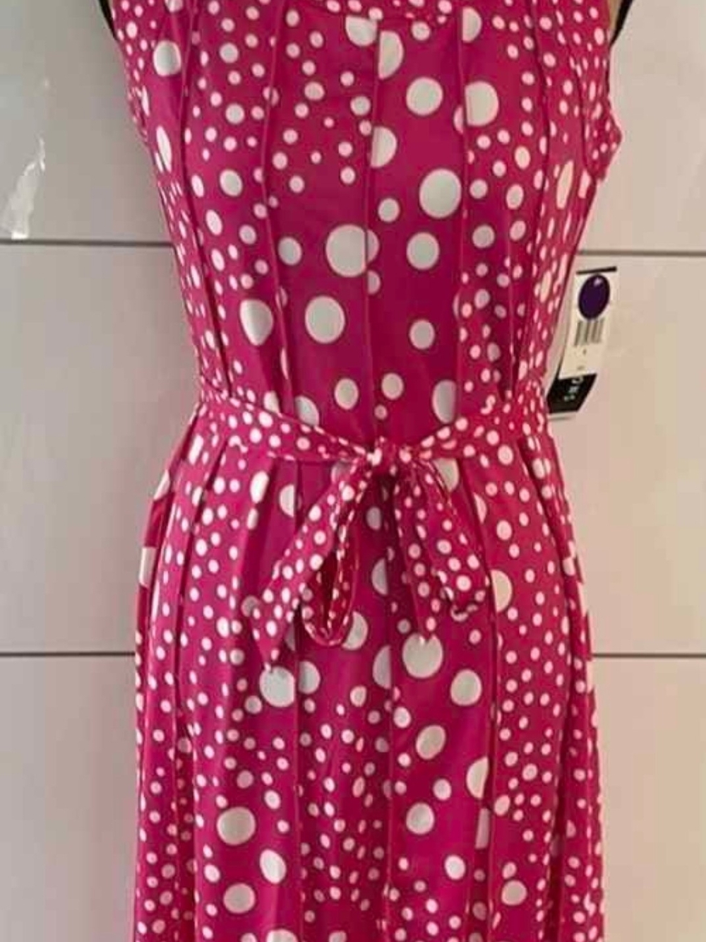 Perceptions Hot Pink & White Polka Dot Midi Dress with Tie Waist